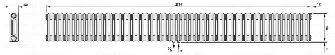 Схема (чертеж) Радиатор Zehnder Charleston 3019/59 №5410 Белый глянцевый RAL 9016